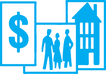 Illustration of a Dollar Symbol, People, and a Home Illustration of a Dollar Symbol, People, and a Home